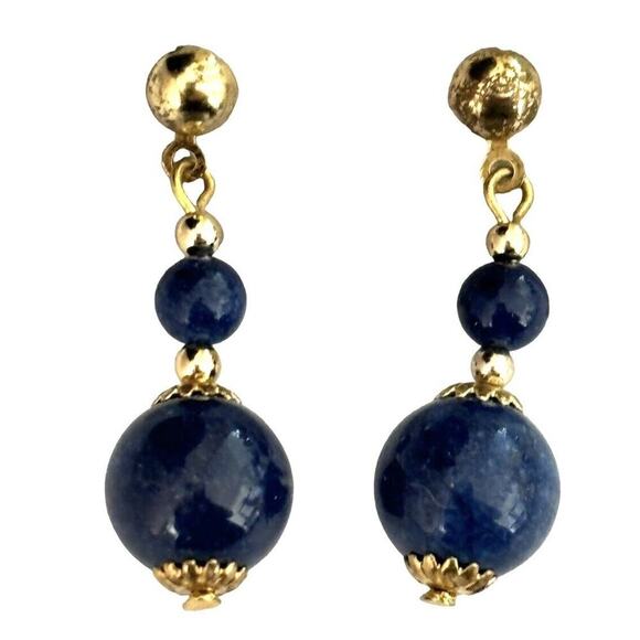 Blue lapis gemstone with gold tone beaded 18 inch necklace matching earrings - Picture 3 of 9